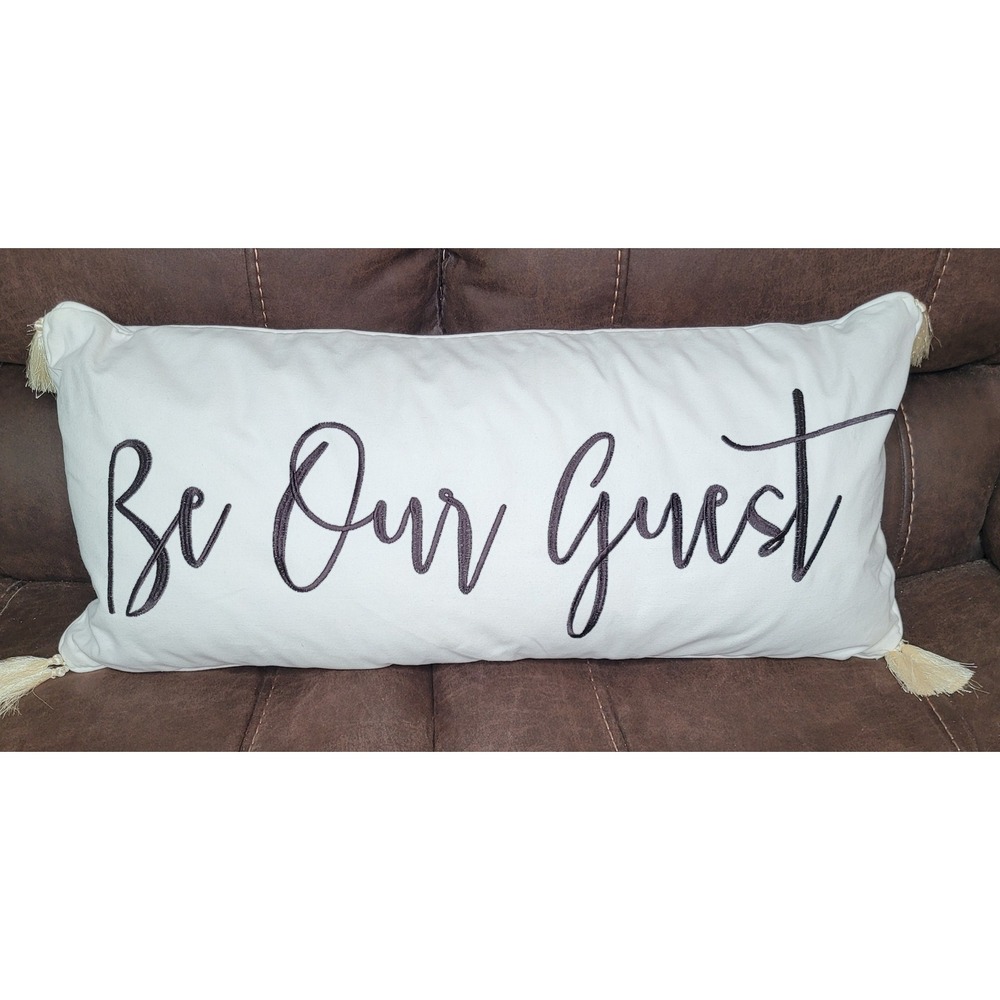 Lumbar Accent Pillow White Be Our Guest Embroidered Tassel Trim - Picture 8 of 8